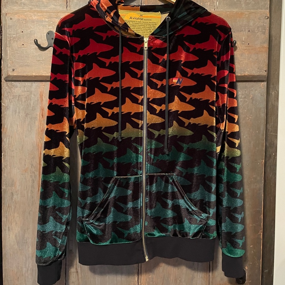 Like-new Aviator Nation rare rainbow shark velour hoodie